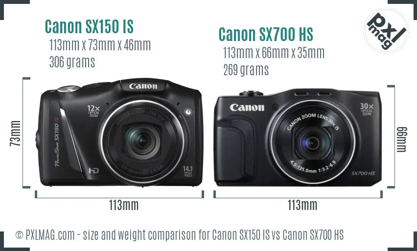 Canon SX150 IS vs Canon SX700 HS size comparison