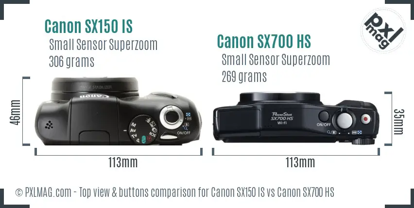 Canon SX150 IS vs Canon SX700 HS top view buttons comparison