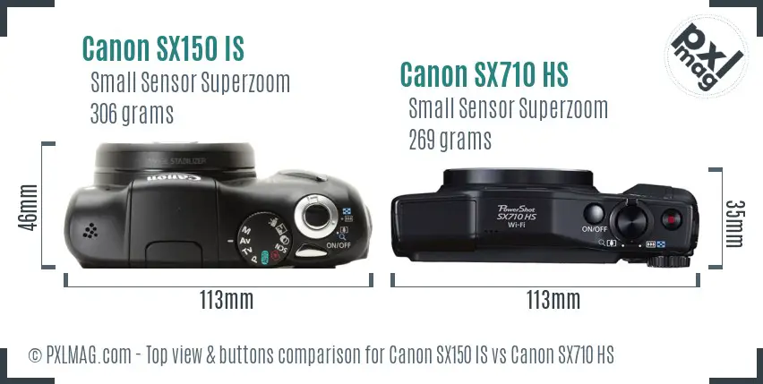 Canon SX150 IS vs Canon SX710 HS top view buttons comparison