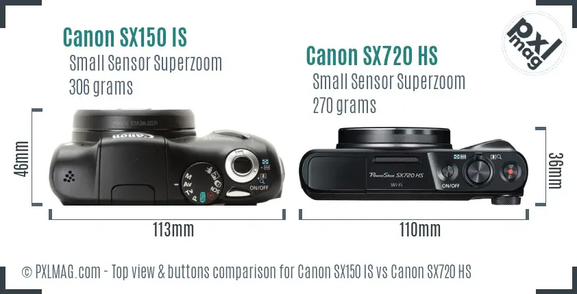 Canon SX150 IS vs Canon SX720 HS top view buttons comparison