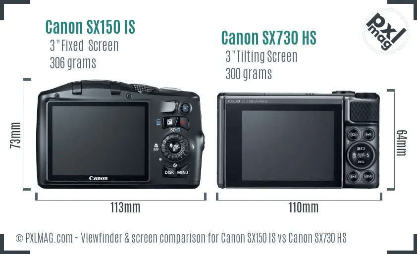 Canon SX150 IS vs Canon SX730 HS Screen and Viewfinder comparison