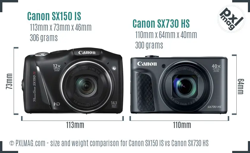 Canon SX150 IS vs Canon SX730 HS size comparison