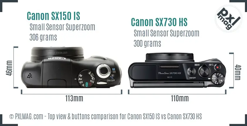Canon SX150 IS vs Canon SX730 HS top view buttons comparison