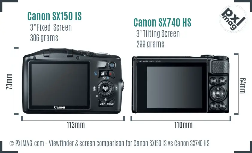 Canon SX150 IS vs Canon SX740 HS Screen and Viewfinder comparison