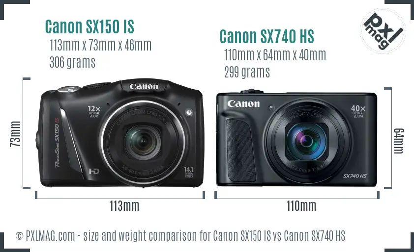 Canon SX150 IS vs Canon SX740 HS size comparison