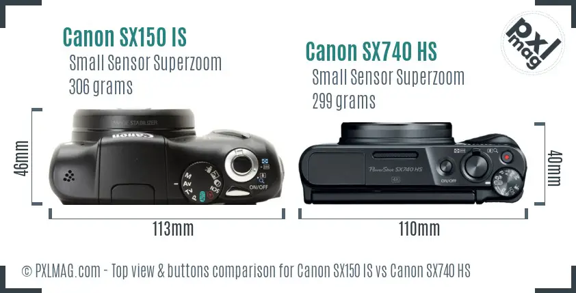 Canon SX150 IS vs Canon SX740 HS top view buttons comparison