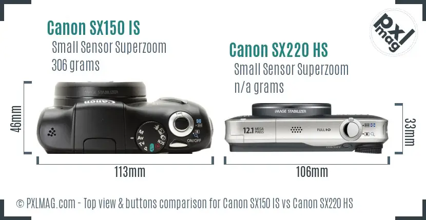 Canon SX150 IS vs Canon SX220 HS top view buttons comparison