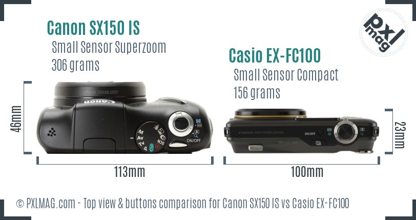 Canon SX150 IS vs Casio EX-FC100 top view buttons comparison