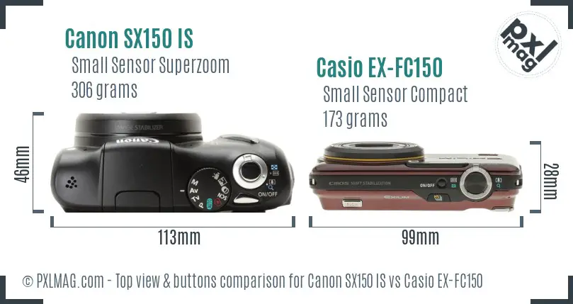 Canon SX150 IS vs Casio EX-FC150 top view buttons comparison