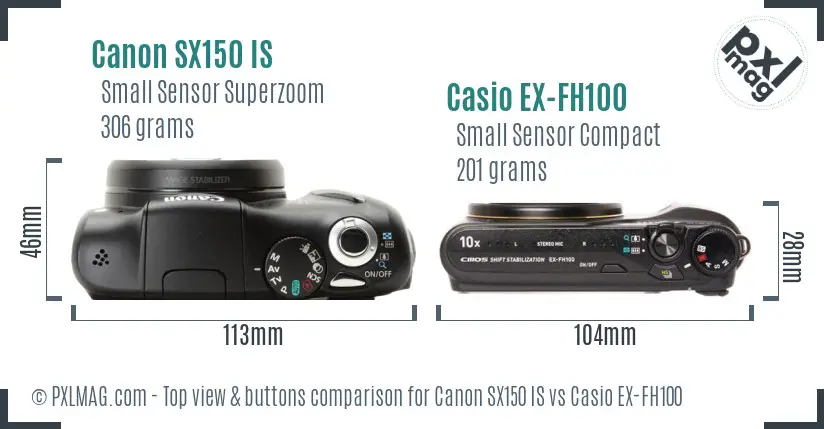 Canon SX150 IS vs Casio EX-FH100 top view buttons comparison