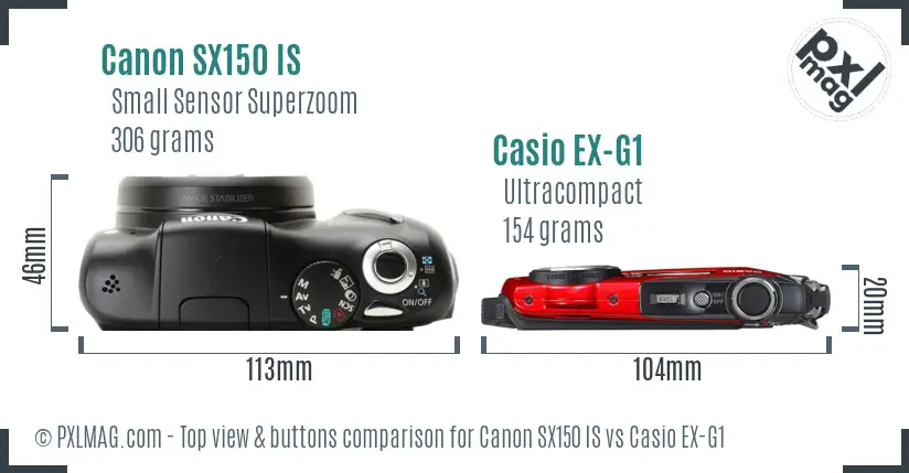 Canon SX150 IS vs Casio EX-G1 top view buttons comparison