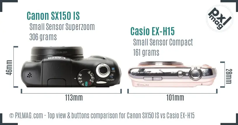 Canon SX150 IS vs Casio EX-H15 top view buttons comparison