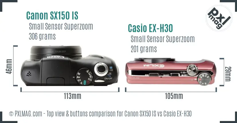 Canon SX150 IS vs Casio EX-H30 top view buttons comparison