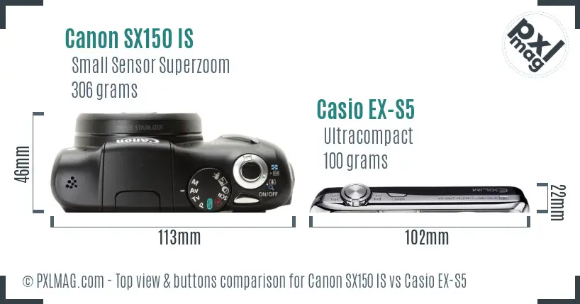 Canon SX150 IS vs Casio EX-S5 top view buttons comparison