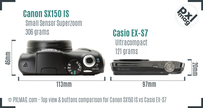 Canon SX150 IS vs Casio EX-S7 top view buttons comparison Canon SX150 IS vs Casio EX-S7 top view buttons comparison