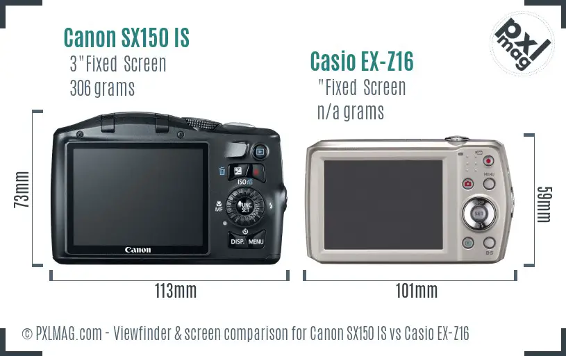 Canon SX150 IS vs Casio EX-Z16 Screen and Viewfinder comparison