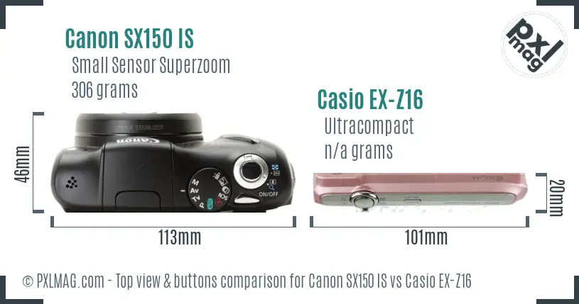 Canon SX150 IS vs Casio EX-Z16 top view buttons comparison