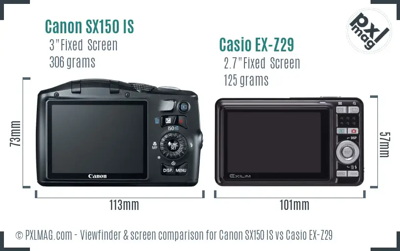 Canon SX150 IS vs Casio EX-Z29 Screen and Viewfinder comparison