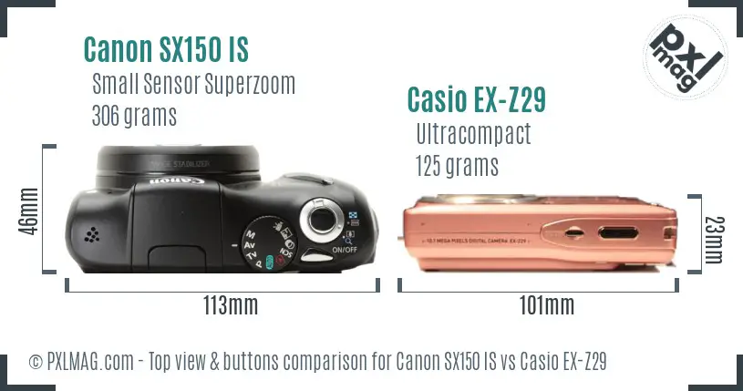 Canon SX150 IS vs Casio EX-Z29 top view buttons comparison