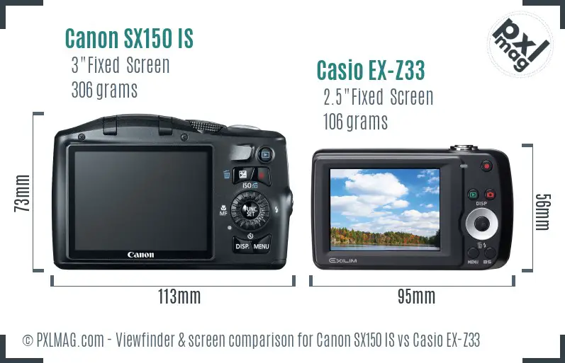 Canon SX150 IS vs Casio EX-Z33 Screen and Viewfinder comparison