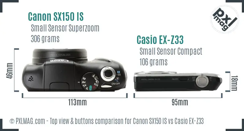 Canon SX150 IS vs Casio EX-Z33 top view buttons comparison