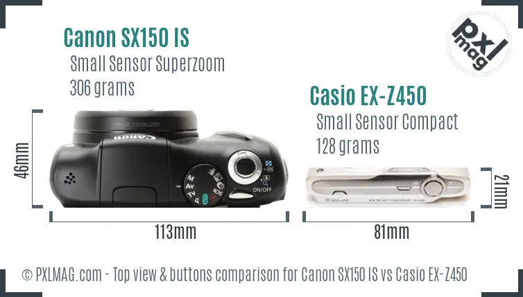 Canon SX150 IS vs Casio EX-Z450 top view buttons comparison Canon SX150 IS vs Casio EX-Z450 top view buttons comparison