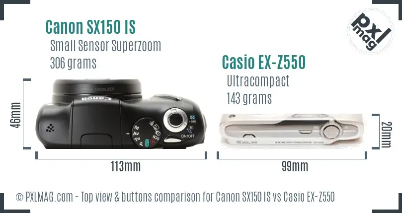 Canon SX150 IS vs Casio EX-Z550 top view buttons comparison