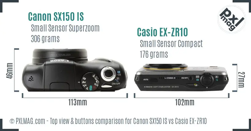 Canon SX150 IS vs Casio EX-ZR10 top view buttons comparison