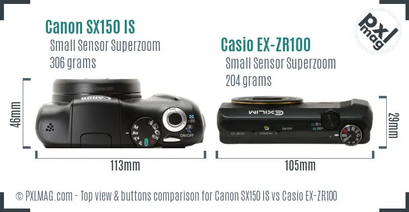 Canon SX150 IS vs Casio EX-ZR100 top view buttons comparison