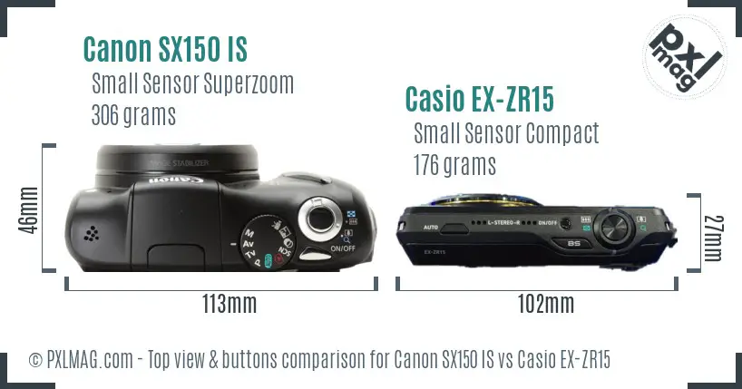 Canon SX150 IS vs Casio EX-ZR15 top view buttons comparison