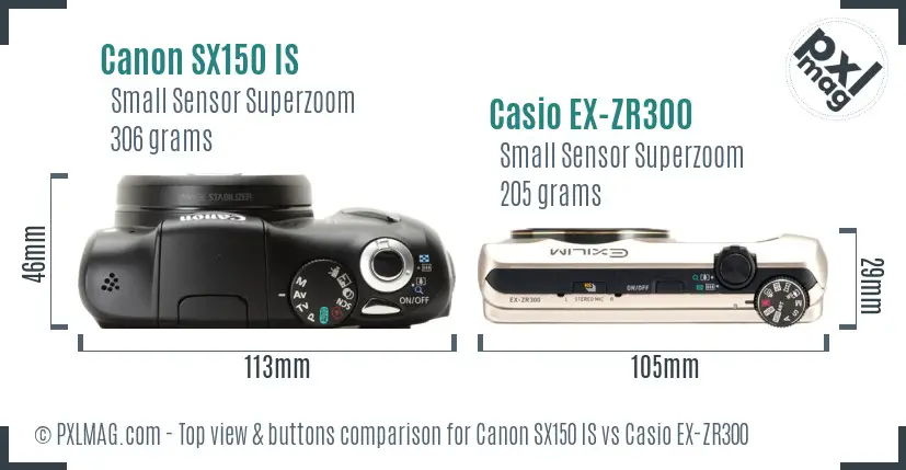 Canon SX150 IS vs Casio EX-ZR300 top view buttons comparison