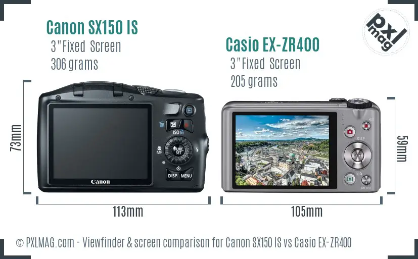 Canon SX150 IS vs Casio EX-ZR400 Screen and Viewfinder comparison