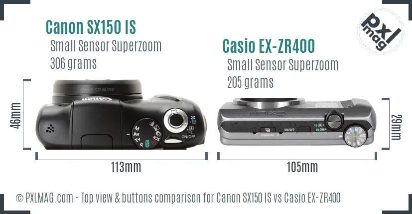 Canon SX150 IS vs Casio EX-ZR400 top view buttons comparison