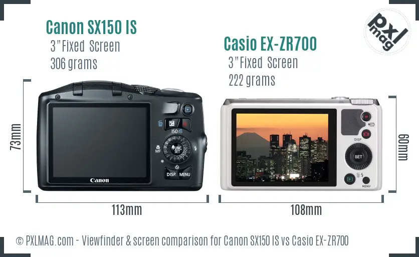 Canon SX150 IS vs Casio EX-ZR700 Screen and Viewfinder comparison
