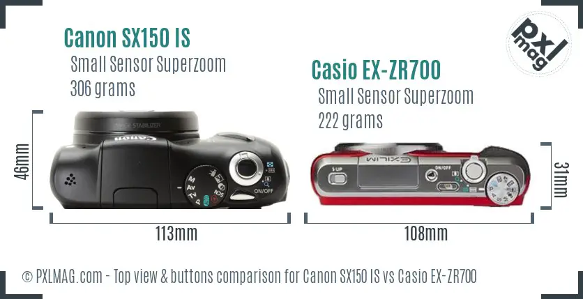Canon SX150 IS vs Casio EX-ZR700 top view buttons comparison