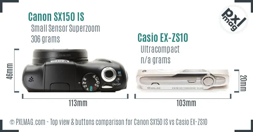 Canon SX150 IS vs Casio EX-ZS10 top view buttons comparison