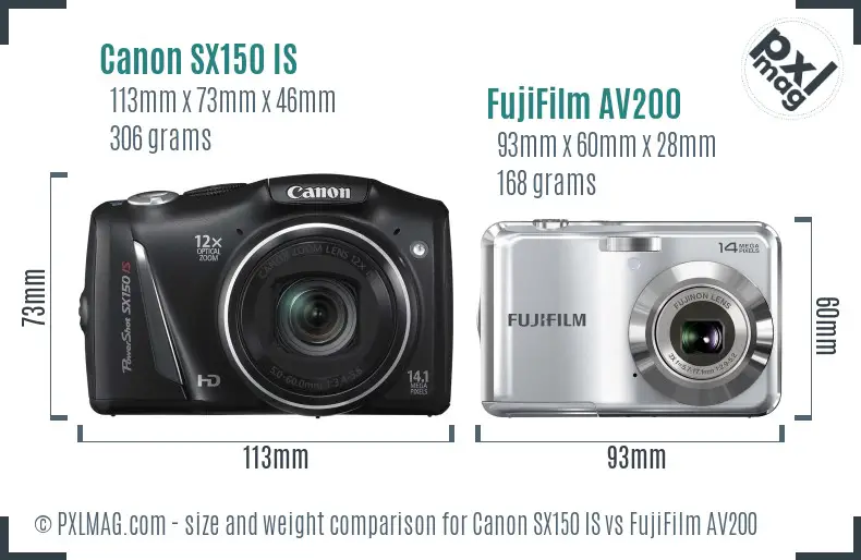 Canon SX150 IS vs FujiFilm AV200 size comparison