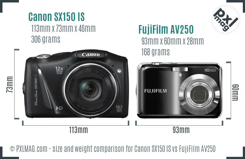 Canon SX150 IS vs FujiFilm AV250 size comparison