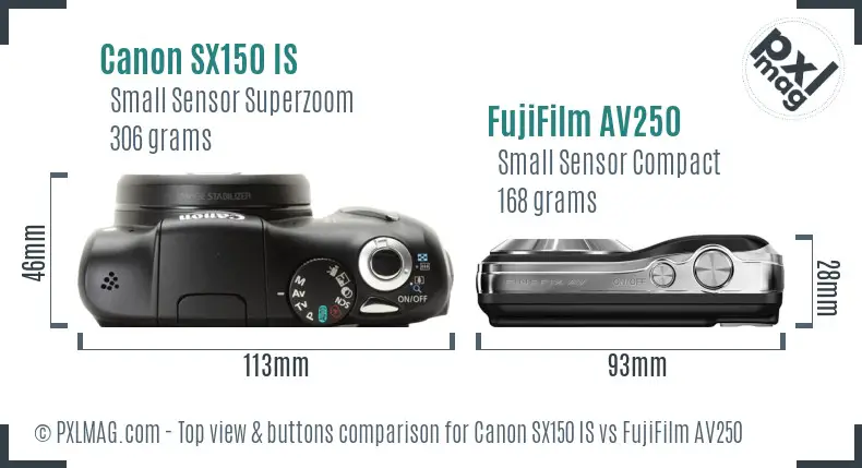 Canon SX150 IS vs FujiFilm AV250 top view buttons comparison