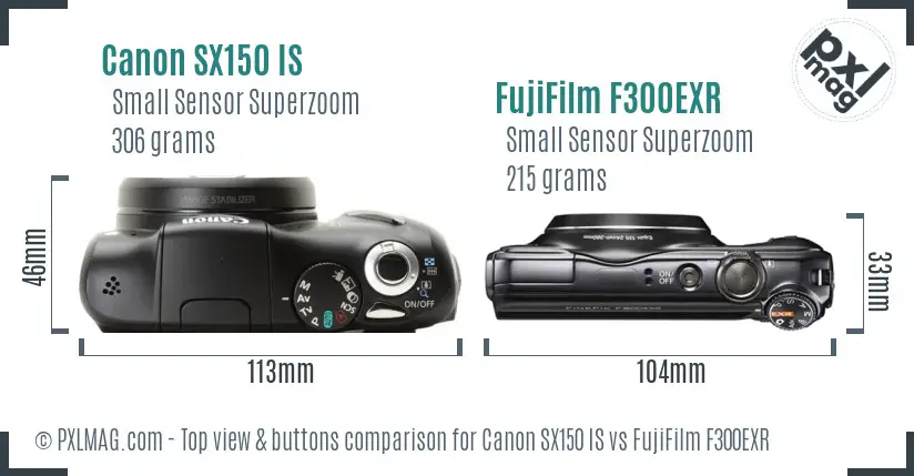 Canon SX150 IS vs FujiFilm F300EXR top view buttons comparison