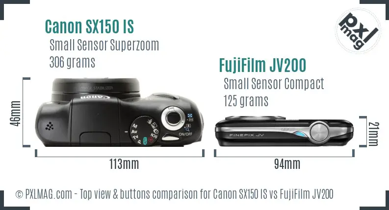 Canon SX150 IS vs FujiFilm JV200 top view buttons comparison