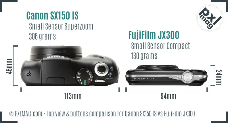 Canon SX150 IS vs FujiFilm JX300 top view buttons comparison