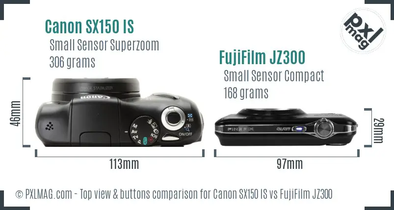Canon SX150 IS vs FujiFilm JZ300 top view buttons comparison