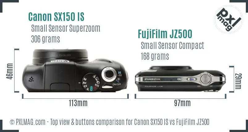 Canon SX150 IS vs FujiFilm JZ500 top view buttons comparison