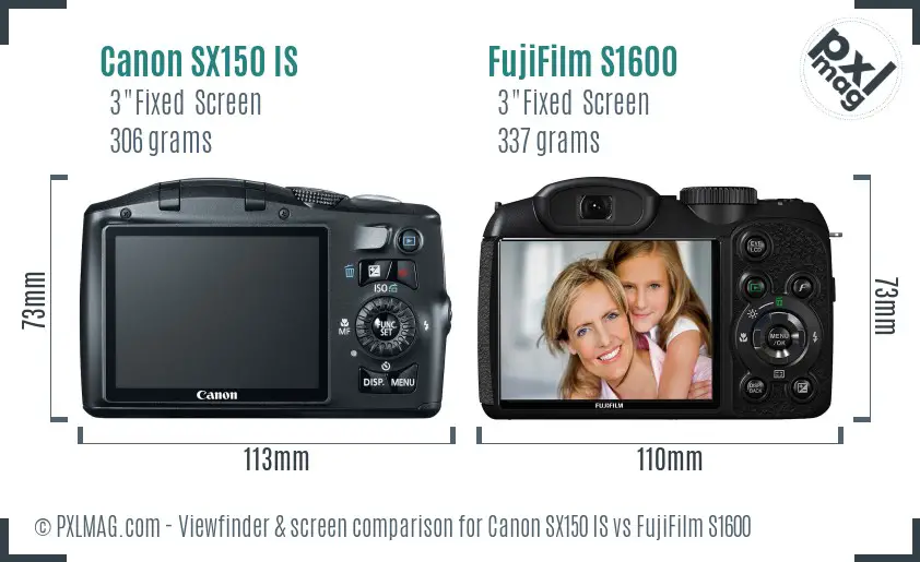 Canon SX150 IS vs FujiFilm S1600 Screen and Viewfinder comparison Canon SX150 IS vs FujiFilm S1600 Screen and Viewfinder comparison