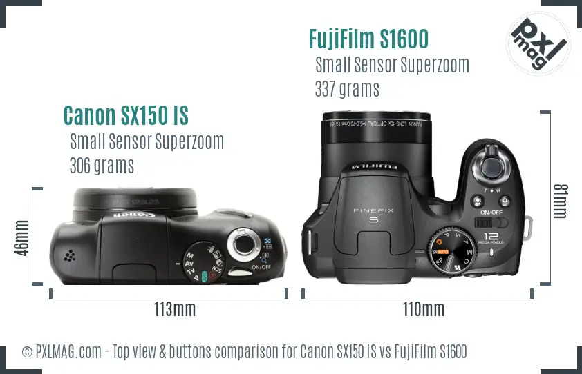 Canon SX150 IS vs FujiFilm S1600 top view buttons comparison Canon SX150 IS vs FujiFilm S1600 top view buttons comparison