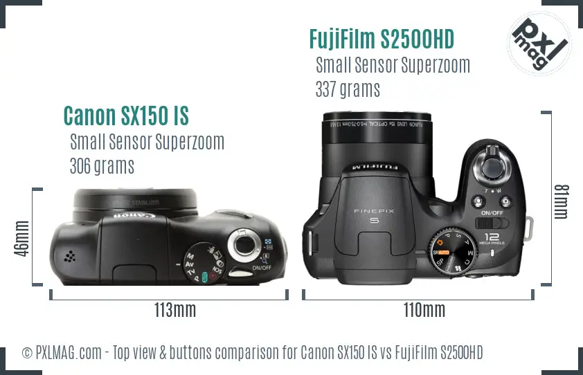 Canon SX150 IS vs FujiFilm S2500HD top view buttons comparison