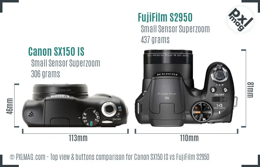 Canon SX150 IS vs FujiFilm S2950 top view buttons comparison