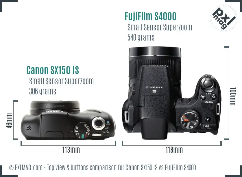 Canon SX150 IS vs FujiFilm S4000 top view buttons comparison