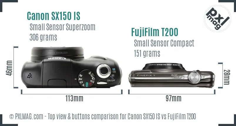 Canon SX150 IS vs FujiFilm T200 top view buttons comparison Canon SX150 IS vs FujiFilm T200 top view buttons comparison